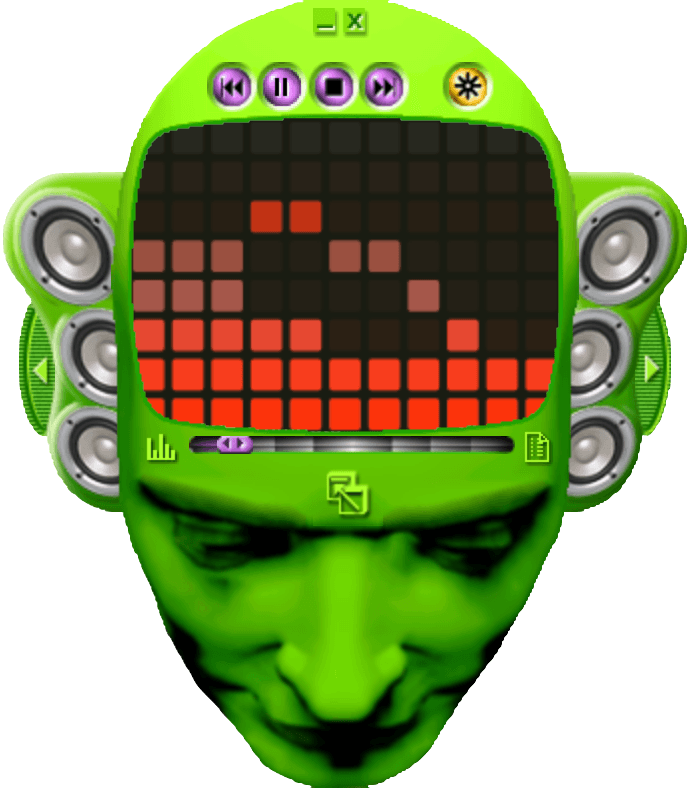 Headspace, a lime-green sculpted head with speaker ears and a waveform visor