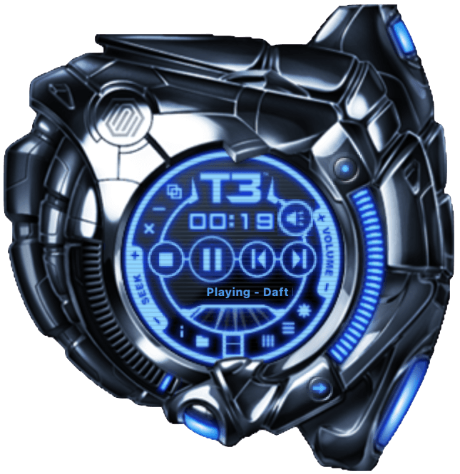 T3, a chrome Skynet player with a blue circular display