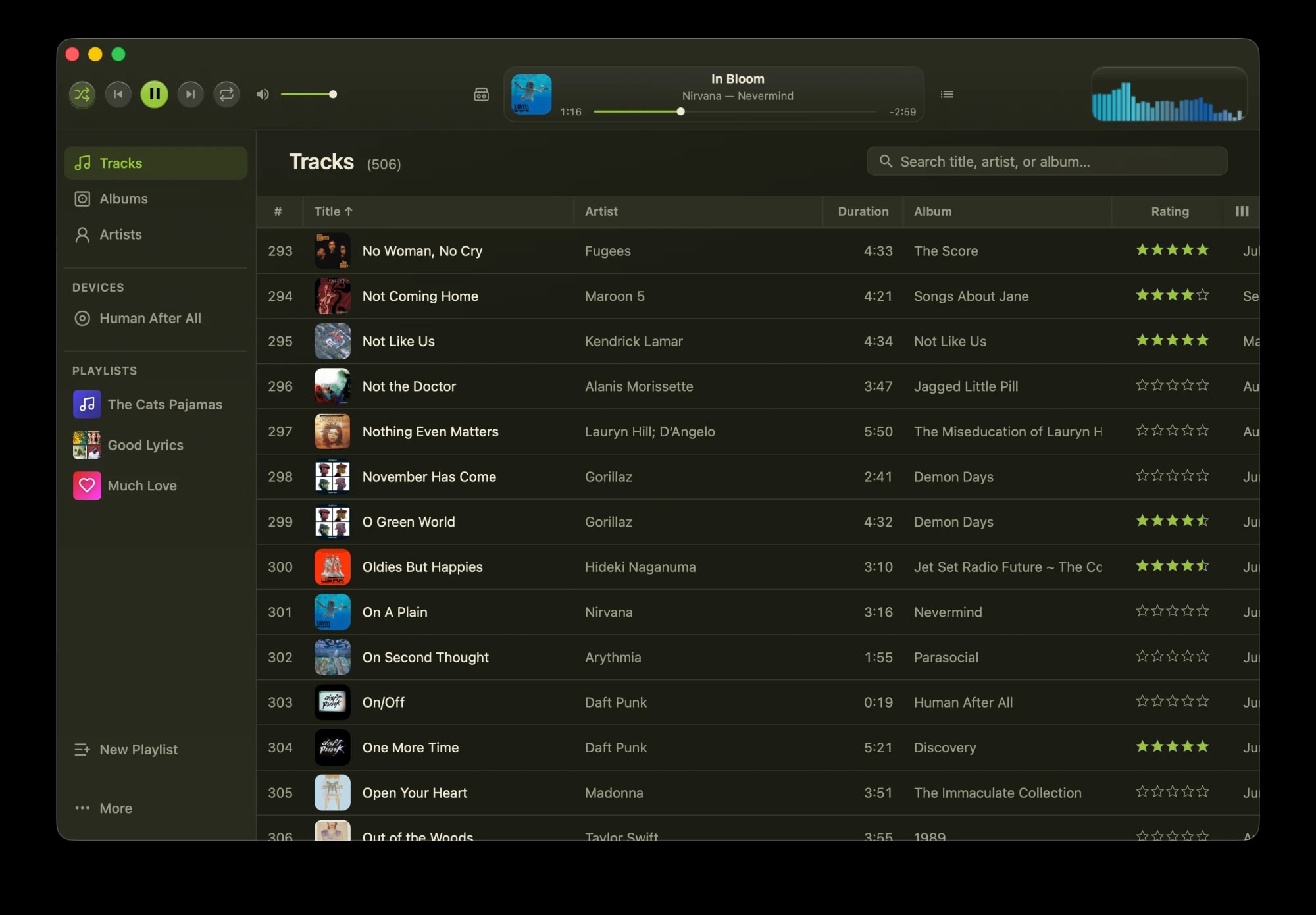 Spiral music library showing a track list with album art, ratings, and a now-playing bar